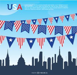 Patriotic Flags and Cityscape
